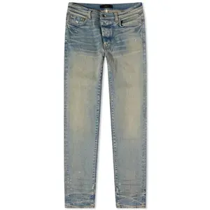 High quality faded indigo wash stretchy denim stacked denim jeans for men