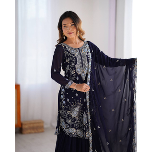 Belle traditionnelle indienne pakistanaise fausse Georgette Kurti Shalwar Kameez ensemble moderne élégant vêtements prêt à porter nouveau vente en gros - Product Image 6