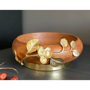 Cuenco de madera redondo de diseño antiguo con flor de Metal dorado, cuenco para servir sopa para accesorios de utensilios de cocina a buen precio - Product Image 1