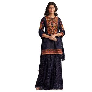 Kurta Sharara en soie bleu marine avec Dupatta brodé pour fête réception de mariage tenue festive indienne - Product Image 3
