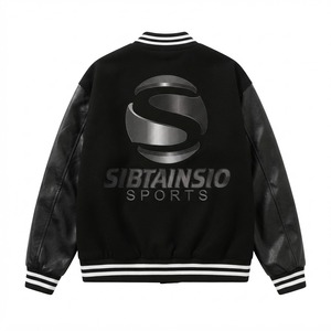 แจ็คเก็ตบอมเบอร์สีดำพรีเมียม แขนหนังแท้ เสื้อโค้ทบอมเบอร์แบบ Letterman สั่งทำพิเศษ กระดุมแป๊กด้านหน้า คอเสื้อแบบริบ - Product Image 4