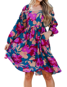 Vestido corto bohemio con estampado floral azul y rosa para festivales y uso diario disponible al mejor precio - Product Image 2