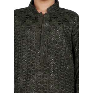 TRILOKI Kids <b>Kurta</b> Set for Boys Dark Olive Green Rayon Embroidered <b>Silk</b> Salwar Indian Traditional Ethnic Wear PARKID09 - Product Image 5