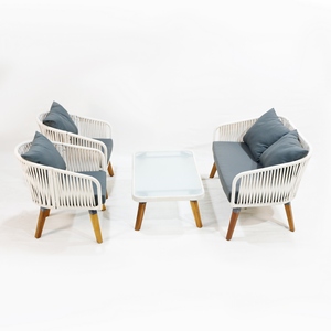 ชุดเฟอร์นิเจอร์ระเบียงเก้าอี้โซฟาและโต๊ะกาแฟ4ชิ้นทำจากเชือกพร้อมกรอบโลหะและขาไม้ - Product Image 3