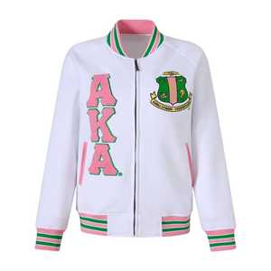 AKA <b>White</b> Fleece Letterman Jacket Unisex Pink Green Chenille Embroidery Greek Letter Varsity Style Premium Cotton <b>Zip</b> <b>Up</b> - Product Image 1