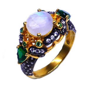 แหวนคลาสสิกของผู้หญิง925เงินสเตอร์ลิงชุบทองด้วยพลอยมูนสโตนสำหรับงานแต่งงานการหมั้นหรือชุดครบรอบ - Product Image 1