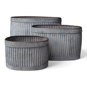Ribbed Round Galvanized Metal <b>Planters</b> Rustic Farmhouse Flower Pots For Home Decor & <b>Outdoor</b> Garden Styling - Product Image 2