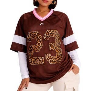 Camiseta Clásica Unisex de Fútbol Americano para Mujer, Color Marrón, Malla, Corte Holgado, Cuello en V, Estampado de Leopardo, Número Impreso, Ropa Deportiva Personalizada - Product Image 1