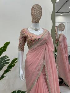 Saree ออกแบบที่สวยงามด้วยด้ายและลำดับการทำงานและเสื้อ - Product Image 6