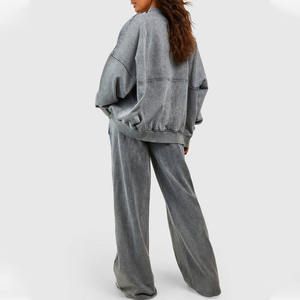 Ensemble survêtement oversize pour femme en molleton français délavé à l'acide avec strass, col rond, cordon de serrage, deux pièces - Product Image 2