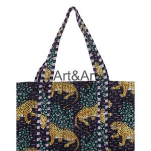 Sac fourre-tout en coton indien fait main à imprimé animal, style bohème, pour femmes, avec deux anses, imprimé en bloc, matelassé - Product Image 3