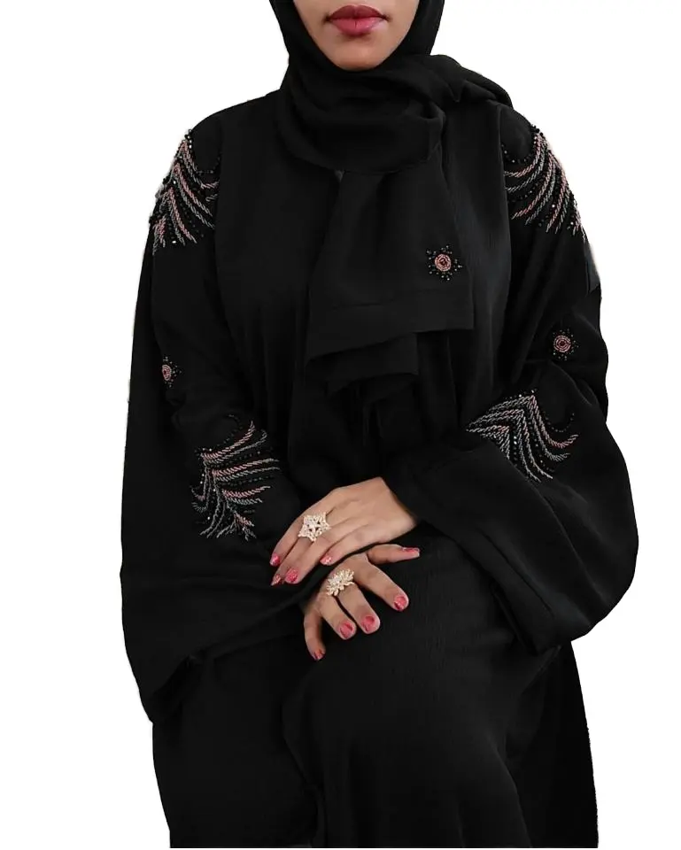 Vestido preto bonito Dubai Abaya feminino Kaftan tradicional islâmico para mulheres muçulmanas, tamanho XL, feito à mão
