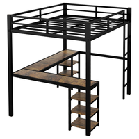 Lit mezzanine en métal noir avec bureau et étagères de rangement Lit superposé en forme de L pour enfants, adultes, dortoirs scolaires et appartements