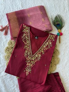 Conjunto Kurti de 3 piezas para mujer romana, Ropa Étnica de fiesta de estilo Vintage con bordado de seda viscosa, incluye pantalón Kurta y Dupatta - Product Image 4