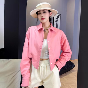Veste en cuir véritable rose de personnalité pour femmes col à revers simple boutonnage Streetwear à manches longues manteau de moto de style court - Product Image 1