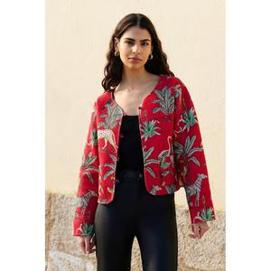 Chaqueta de Algodón Acolchada con Estampado Bohemio de Selva Roja para Mujer, Estilo Vintage con Botones, Corta, Floral, Transpirable, Resistente al Viento y Antiarrugas para Otoño - Product Image 3