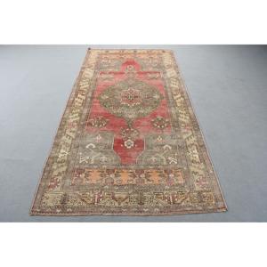 Turkish Vintage Area Rug 4,2x8,3 ft, Red <b>Brown</b> Ikat Wool Rug - Product Image 1