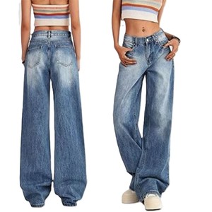 กางเกงยีนส์ขากว้างเอวสูงสำหรับผู้หญิงกางเกงยีนส์เอวสูงล้างสไตล์วินเทจ - Product Image 3