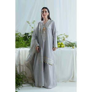 Traje FE-52045 de 3 piezas, bordado a mano, con jacquard y Chikan Kari, Salwar Kameez Anarkali de algodón, hecho con tela de lino. - Product Image 1