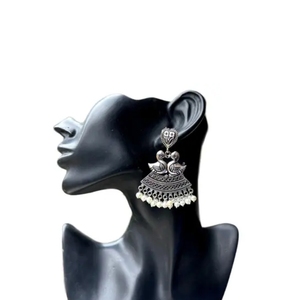 Vintage Inspired Classic Boho Chic Dangle <b>Earrings</b> Oxidised <b>Silver</b> Bird with Intricate <b>Pearl</b> Detailing for Women - Product Image 1