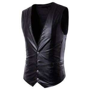 Men's PU Leather <b>Vests</b> V-Neck Single Breasted Solid Color Casual Outer Wear With Button Closure Men's Leather <b>Vest</b> Waistcoats - Product Image 3