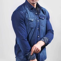 Kemeja Denim musim dingin pria, Jeans kasual Slim Fit lengan panjang Logo kustom modis