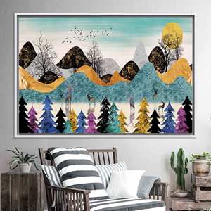 Impresión en lienzo de bosque abstracto: obra de arte de paisaje montañoso para decoración del hogar, lienzo con marco blanco - Product Image 1