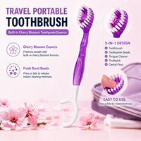 Mini brosse à dents jetable 5 en 1 |   Saveur de fleurs de cerisier Sakura |   Distributeur de dentifrice intégré, brossette à dents, gratte-langue |   Format voyage