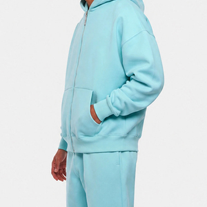 Men's Light Blue Hooded Stand Collar Tracksuit Full <b>Zip</b> Sweatshirt Pants Set Casual Solid Color Cotton Jogging Wear Winter - Product Image 3