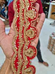 Custom Made Single Face 100% Cotton Organza Wedding <b>Ribbon</b> Gold Thread Sequins Work Machine Embroidered <b>Laces</b> Green Coloured - Product Image 3