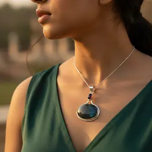 Women's Vintage Vintage 925 <b>Silver</b> Labradorite Garnet <b>Pendant</b> Necklace Rhodium Rose Gold 18K Gold <b>Chains</b> 18K Gold Diamond Pearl - Product Image 3