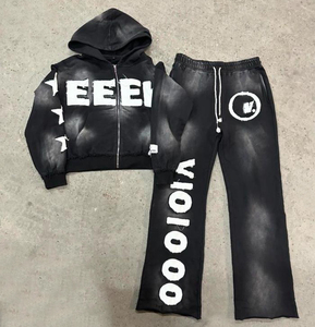 Costume pour hommes de haute qualité délavé à l'acide Streetwear personnalisé imprimé ourlet de grande taille ensemble pull à capuche et pantalon de survêtement pour hommes - Product Image 3