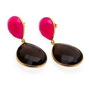 Boucles d'oreilles en forme de poire en argent Sterling 925, topaze fumée et calcédoine Fuchsia - Product Image 1