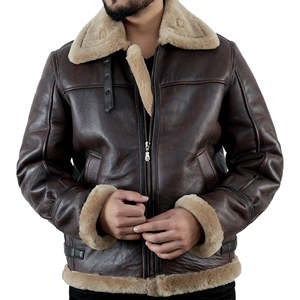 Chaqueta para Hombre de Piel de Oveja de Alta Calidad, Chaqueta de Aviador Marrón de Cuero y Lona, Cuello Mao, Chaqueta de Piloto Formal - Product Image 1