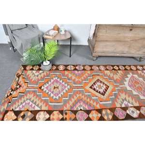 Tapis Vintage en Laine Turque 32X11 pieds Orange & Marron Ethnique Patchwork Design Plat Tissage Technique pour Décorations de Salon - Product Image 2