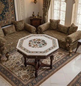 Plateau de table octogonal en marbre blanc, incrustation en Pietra Dura, motif floral et floral de style Moghul, mosaïque de pierres semi-précieuses, fait main à Agra - Product Image 1