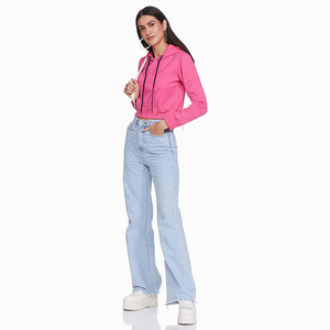 Vente en gros de sweat-shirt de couleur rose, haut court, sweats à capuche en polaire, sweats à capuche décontractés en coton uni pour femmes - Product Image 5