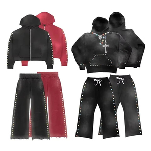 Conjunto Deportivo Unisex al por Mayor con Capucha y Cremallera con Diseño de Diamantes Lavado al Ácido, Pantalones Deportivos Acampanados con Pedrería, Personalizado OEM, 100% Algodón, Diseño Elegante - Product Image 6