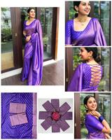 Sari en soie de litchi douce avec un style ethnique, blouse assortie contrastée, pallu inclus, blouse de course avec le même motif de bordure - pour les fêtes