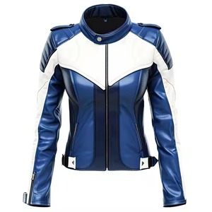 เสื้อแจ็กเก็ตหนังแกะสีฟ้าอ่อนสำหรับผู้หญิงเสื้อแจ็คเก็ตหนังขี่มอเตอร์ไซค์แนวสปอร์ตเรียบมีซิปรูดและน้ำหนักเบา - Product Image 1