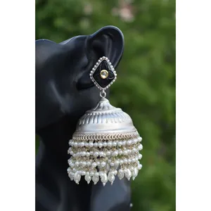 new design traditional handmade 2022 silver look alike brass stone stud hoop beads big jhumka earing for girls and women