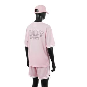 Ensemble short de basketball pour femme en maille polyester douce premium GSM rose, tenue d'entraînement avec logo thermocollé, ensembles pour femme 100% coton - Product Image 5