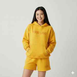 Conjunto de Sudadera con Capucha y Pantalones Cortos de Lona para Mujer, Estilo Casual de Primavera/Verano, Corte Regular, 100% Algodón, Manga Corta, Color Liso, con Logotipo Frontal, Venta al Por Mayor - Product Image 5