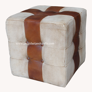 Pouf ottoman moderne en cuir souple fait main, toile et tissus d'ameublement, avec un design antique, meubles de luxe pour la maison en provenance du Rajasthan - Product Image 3
