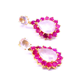 Vêtements de mariage argent sterling 925 plaqué or quartz rose rubis pierres précieuses charme classique élégant boucles d'oreilles goutte - Product Image 1