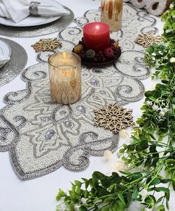 Christmas <b>Dining</b> <b>Table</b> Beaded <b>Runner</b> Placemat Handmade Cloth Decorative Wedding Mat With Leaves Design for Home Use - Product Image 2