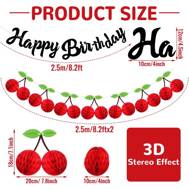 Cherry Birthday Banner 6x3.6 Ft - Red & Pink Party Backdrop For Girls & Women Birthday Decor