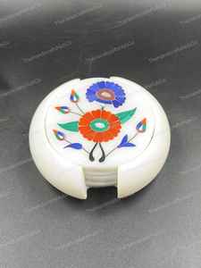 Ensemble de sous-verres en marbre blanc artisanal avec incrustations florales, sous-verres en pierre colorée avec support - Product Image 5