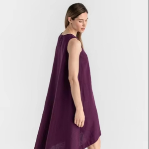 Vestido de lino suelto de color vino natural para días cálidos Vestido de día hasta la rodilla de lino de elegancia relajada para mujer - Product Image 3