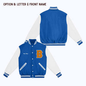 Chaqueta clásica de béisbol para hombre con logotipo personalizado y bordado en la espalda, chaqueta universitaria con mangas blancas y Letras en azul marino - Product Image 5